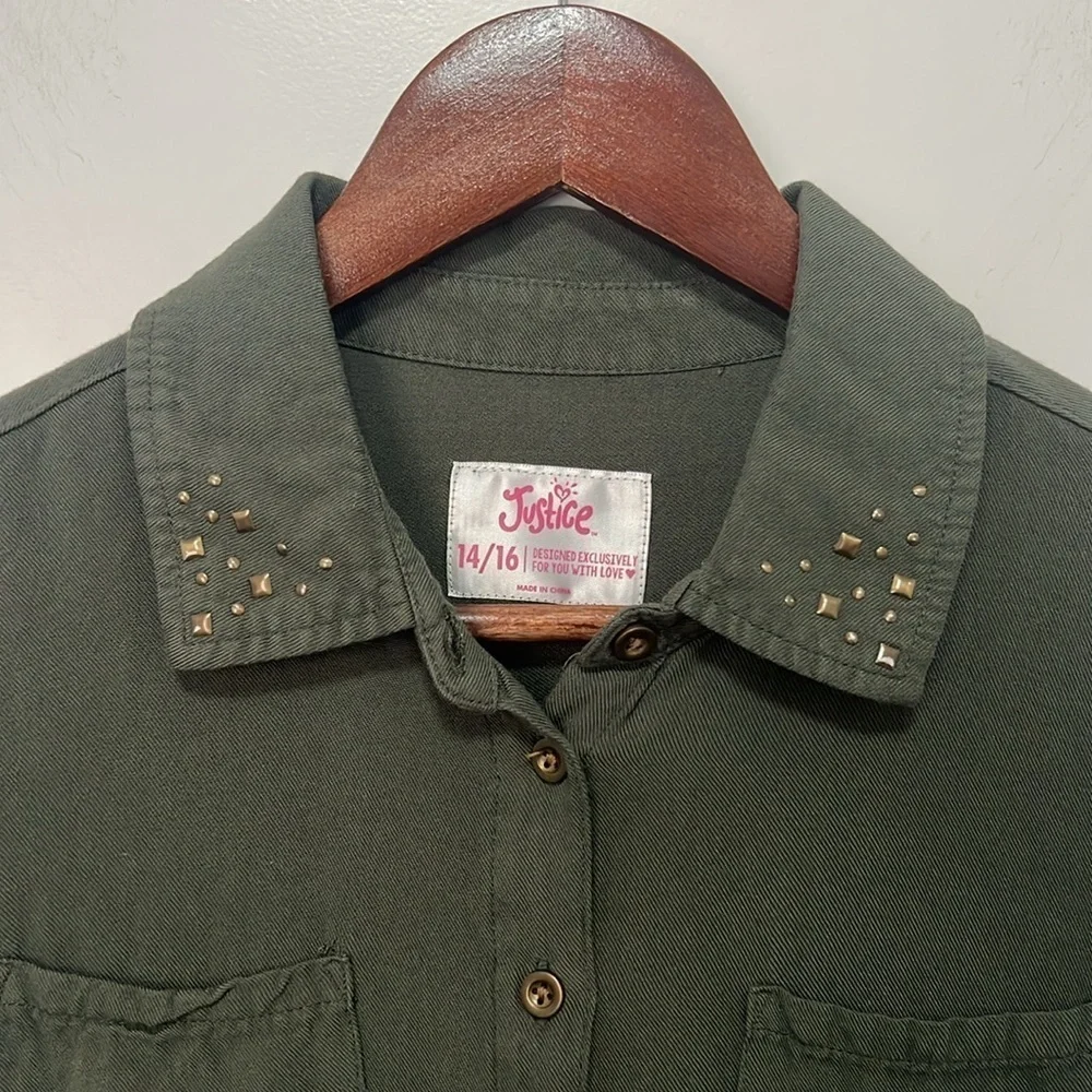 Justice Girls Army Green Long Sleeve Button Down Top size 14/16